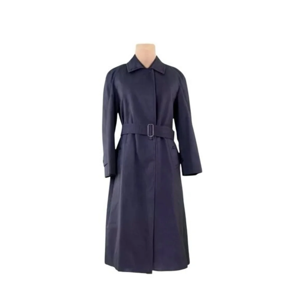 Authentic Burberry 100% Wool Navy Blue Midi Trench Coat Women's 10 Waterproof - Picture 2 of 13